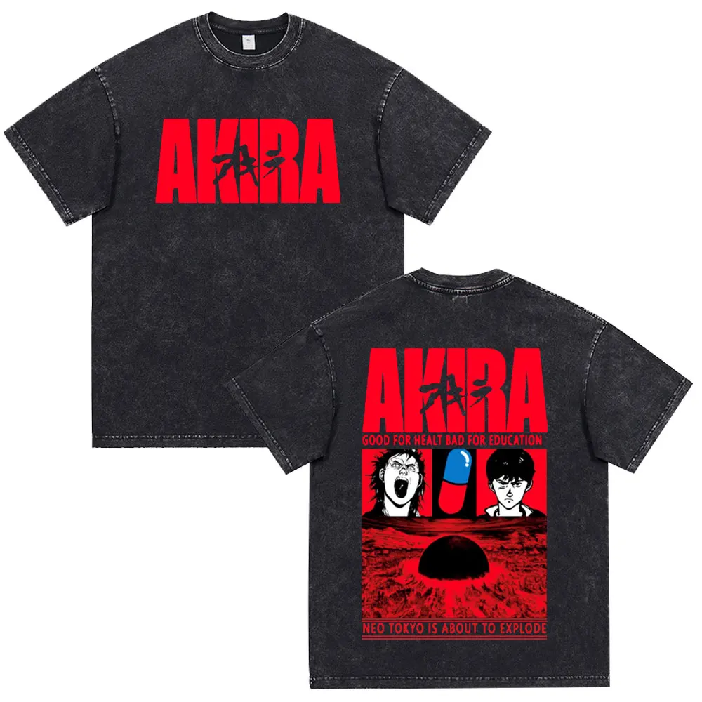 Japanese Anime Akira Washed Vintage T Shirt Science Fiction Cartoon Movie Shotaro Kaneda T-shirt Men Women Cotton Casual T-shirt
