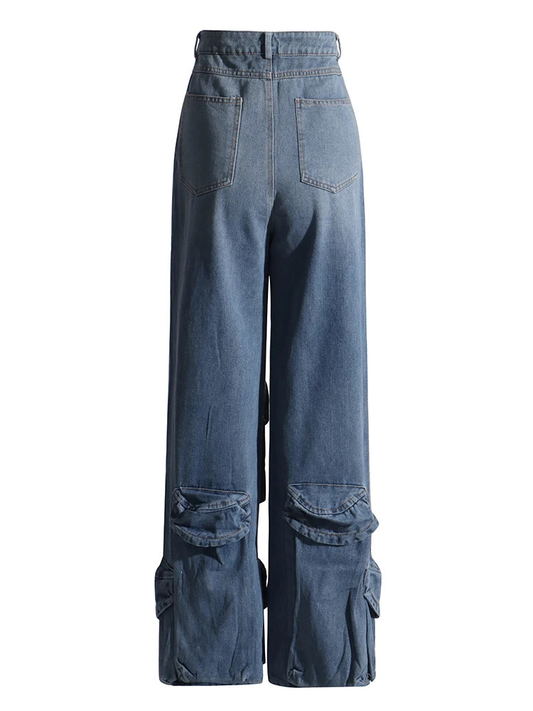 Pantalones Cargo de mezclilla para mujer, ropa de calle de cintura alta, bolsillos de retazos, pantalones sueltos de Color impactante, pantalones largos de pierna ancha, moda femenina