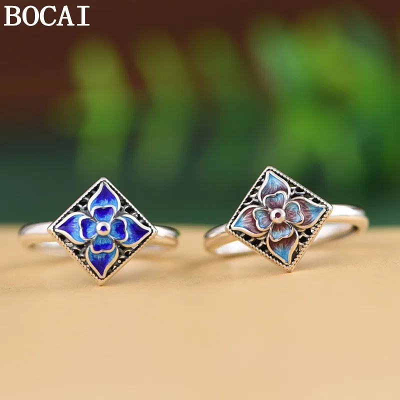BOCAI New S925 Pure Silver Retro Art Cloisonn  Square Small Flower Ring Ladies' Selected Gift