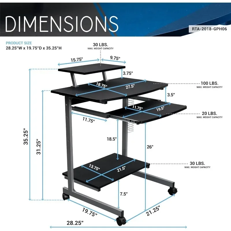 Rolling Mobile Computer Desk/Cart with Storage Shelves, Rolling Working Station for Small Spaces, Printer Shelf
