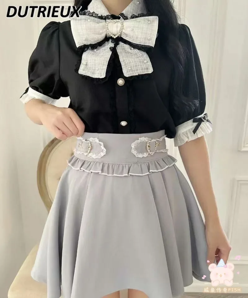 Japanese Rojita New Rhinestone Love Big Bow Shirt Mine Mass-Produced Pearl Blouse Summer Solid Color Short Sleeve Tops