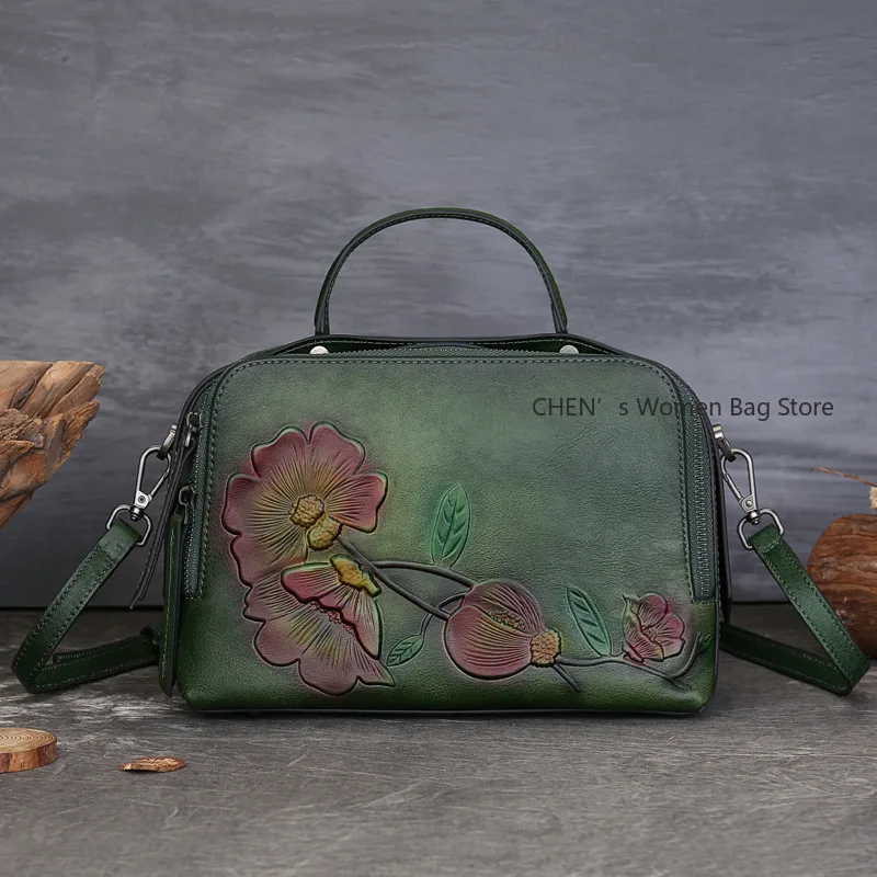 

Embossed Designer Bags for Women New Artistic Chinese Style Genuine Leather Female Luxury Handbags Boston Women's Bag