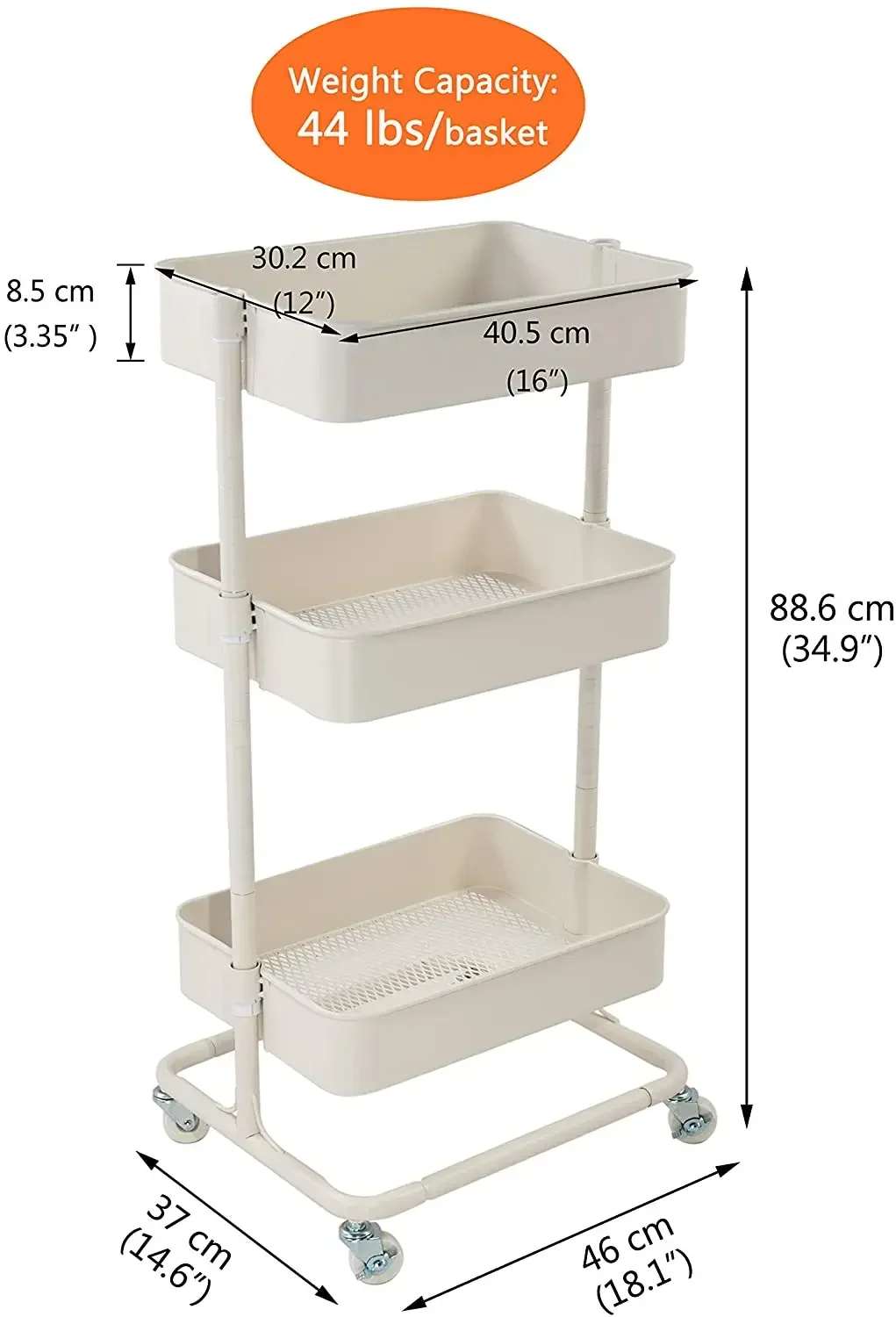 2026 3-Tier Metal Mesh Storage Rolling Cart Multifunctional Home Kitchen Bedroom Office Storage Trolley Serving Cart Mobile Stor