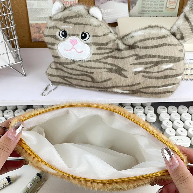 Lovely Cat Plush Pencil Case Large Capacity Stationery Pouch Cartoon Animal Storage Bag Cute Kitten Cosmetic Bag Girl Kid Gifts