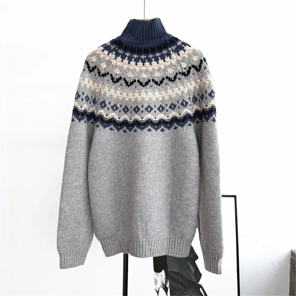 25 Autumn/Winter New Women's Retro High Collar Jacquard Contrast Loose Thick Knitted Pullover