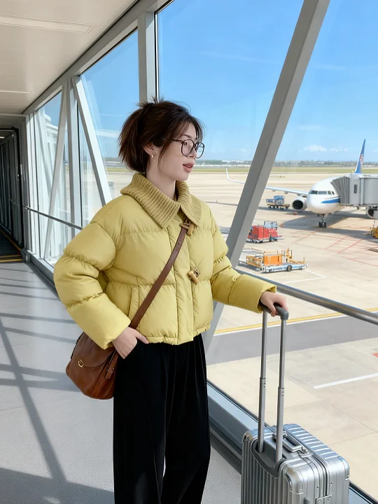 

Korean Sle ort Quilted Jaet Yellow Thi Warm Cotton Coat Winter Clothes Commute Straight Tube Long Sve Zipper Pure ...