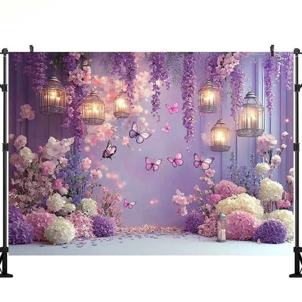 LS Butterfly Newborn Kids Birthday Backdrop Purple Flowers Children Cake Smash Backdrops for Photo Studio Decorations Props