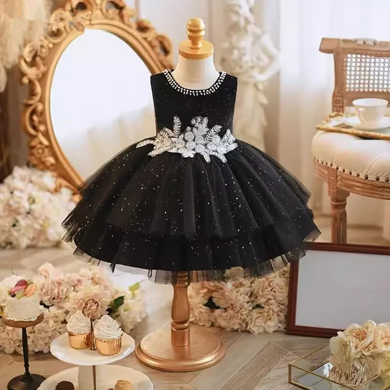 

2024 New Kids Clothes Children Boutique Princess Ball Gown Birthday Baptism Party Girls Black Dresses A3692