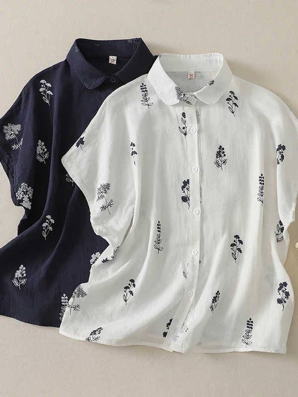 

High-End Double-Layer Short-Sleeve Printed Shirt Women's Casual Versatile Design Summer Top Breathable Plant Floral Pattern