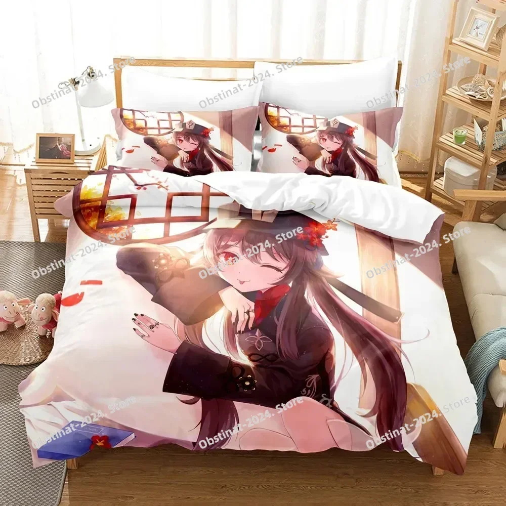 Hu Tao Bedding Set Genshin Impact Duvet Cover 3D Game Home Textile with Pillowcase for Teens Adults Kids Men Women Bedroom Decor
