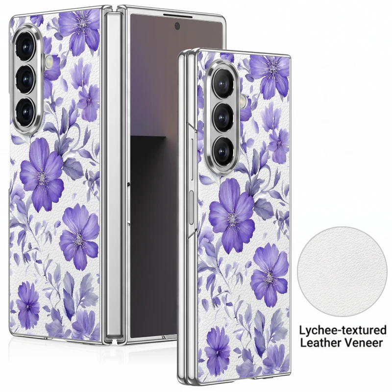 Flowers Floral Pattern PU Leather Phone Case For Samsung Galaxy Z Fold 7 6 5 Fold7 Fold6 Fold5 Plating Frame Hard Folding Cover