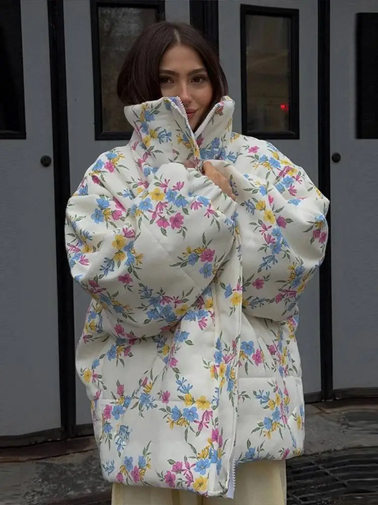 Veste élégante à col montant et manches longues zippée en coton rembourré pour femmes, imprimé, ample, hiver 2025, vêtements d'extérieur doux pour femmes