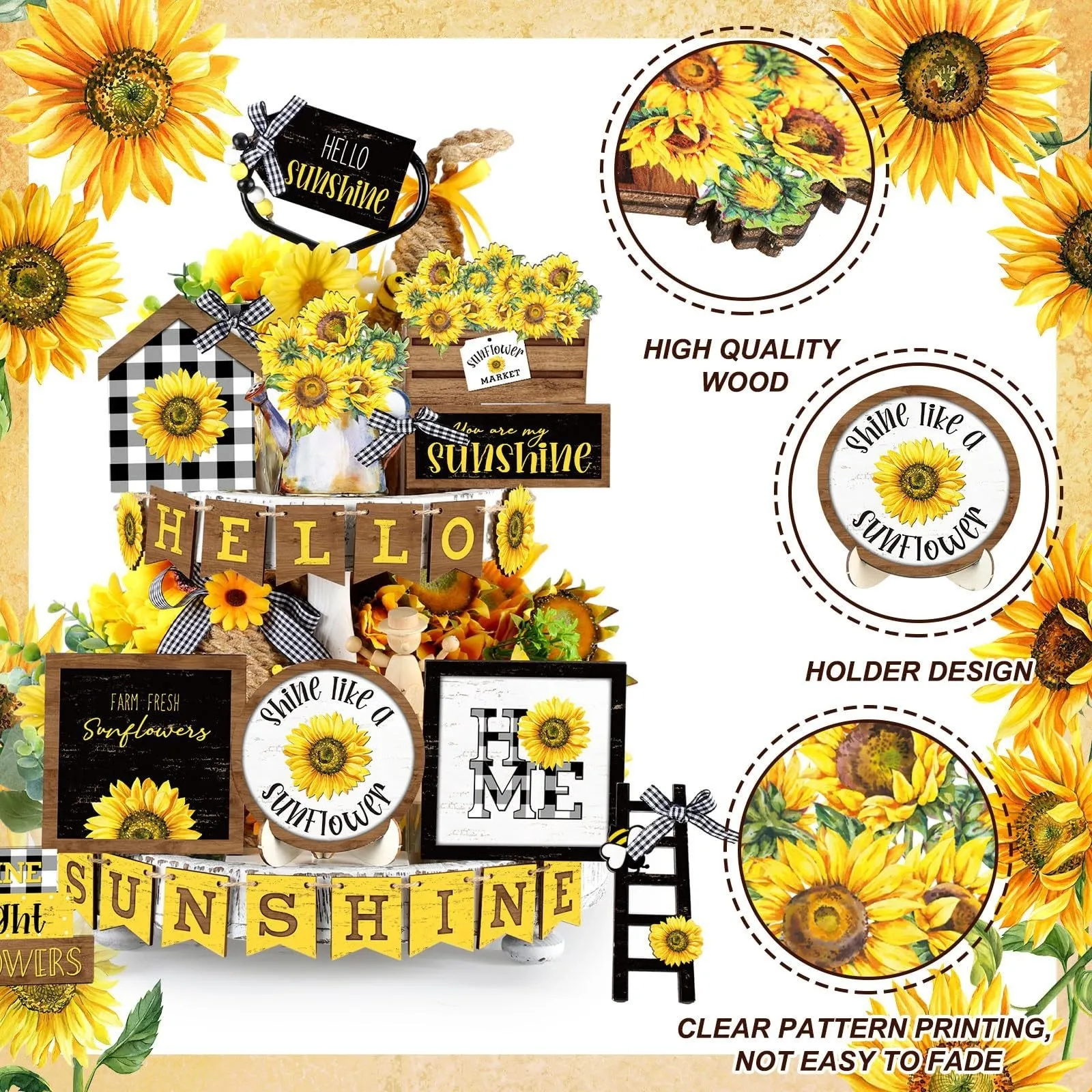 24Pcs sunflower Tiered Tray Decor Set Fresh sunflower Wooden Sign Yellow sunflower Wood Blocks Standing Sign Summer Tray Decor