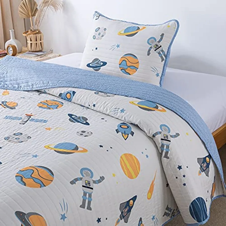 Quilt Set - Size with 2 Shams Rocket and Planet Galaxy Themed Bedding Solar System and Astronaut Design Outer Space Quilted Bed