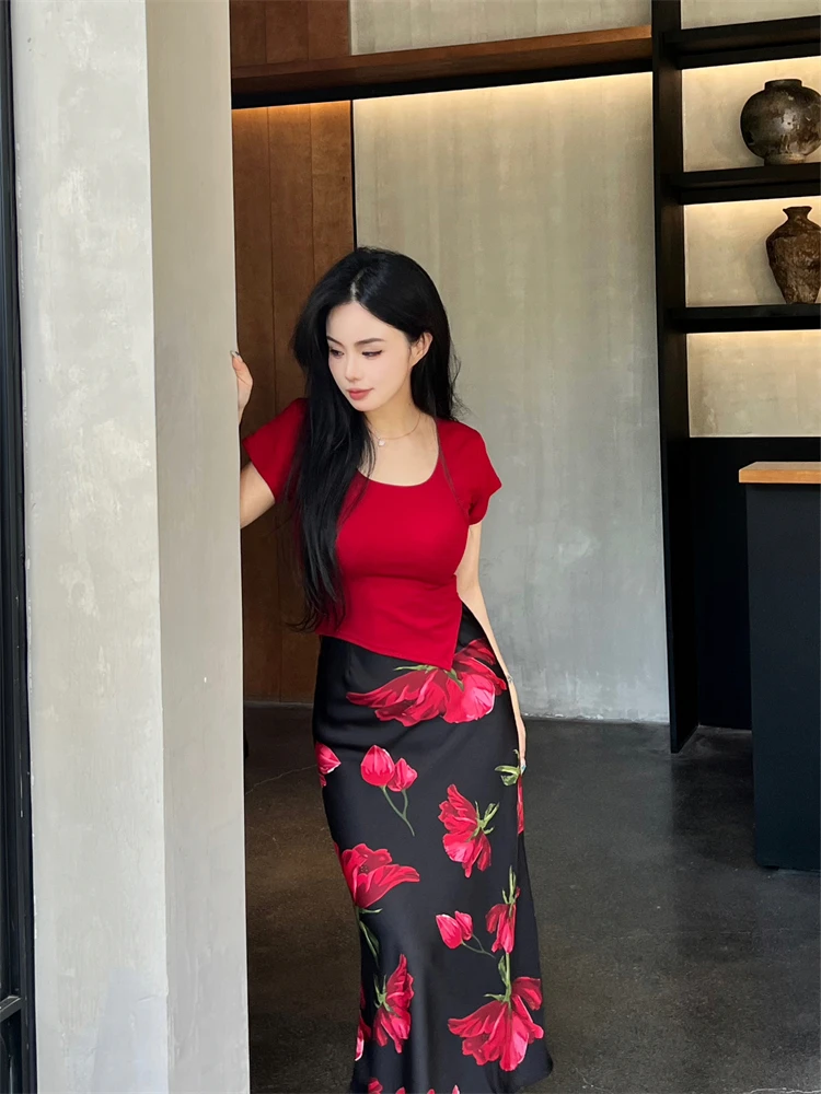 

Элегантная асимметричная юбка миди из шелкового атласа с цветочным принтом, летняя, приталенная, в гонконгском стиле, женская, премиум-класса