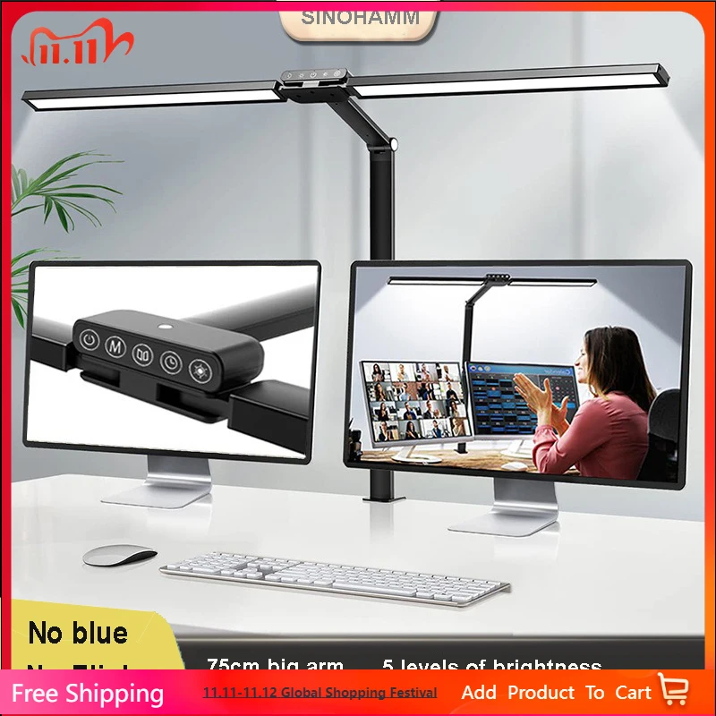 Lampa biurkowa dwugłowicowa z zaciskiem, długi ramiono, ściemnialna, 24V, ultra jasna, automatyczne ściemnianie, lampa stołowa architekta do domu i biura.