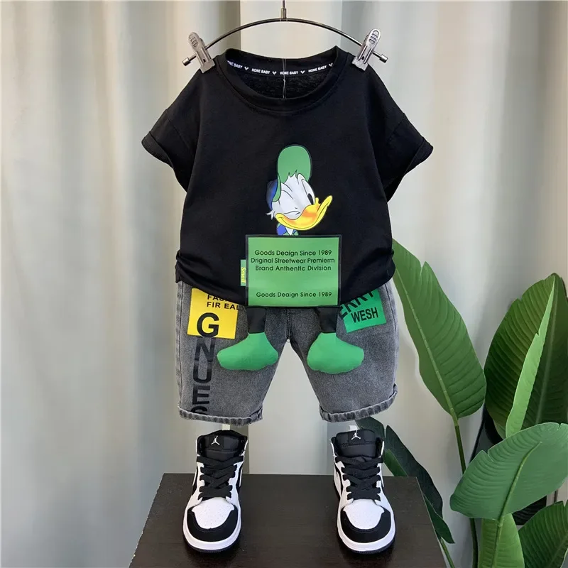 2024 Summer Children\'s Clothing Set Toddler Boys Pullover Short sleeved Striped T-shirt+Black Denim 2Pce Kids Fashion Tracksuit