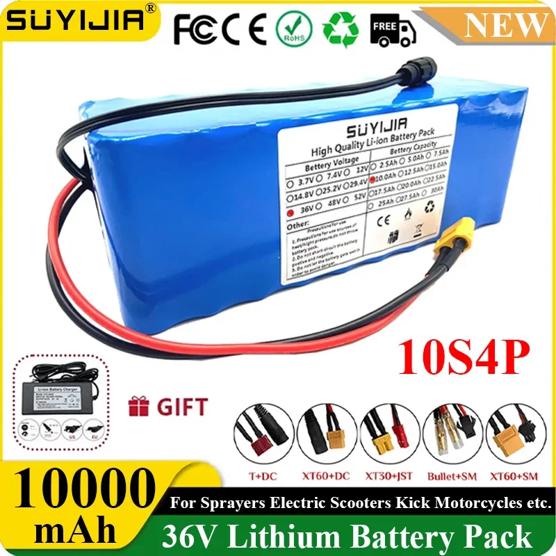 10S4P Battery 36v 10000mAh 18650 Rechargeable Lithium Battery Pack with BMS for Electric Bicycle Scooter Wheelchair Hoverboard