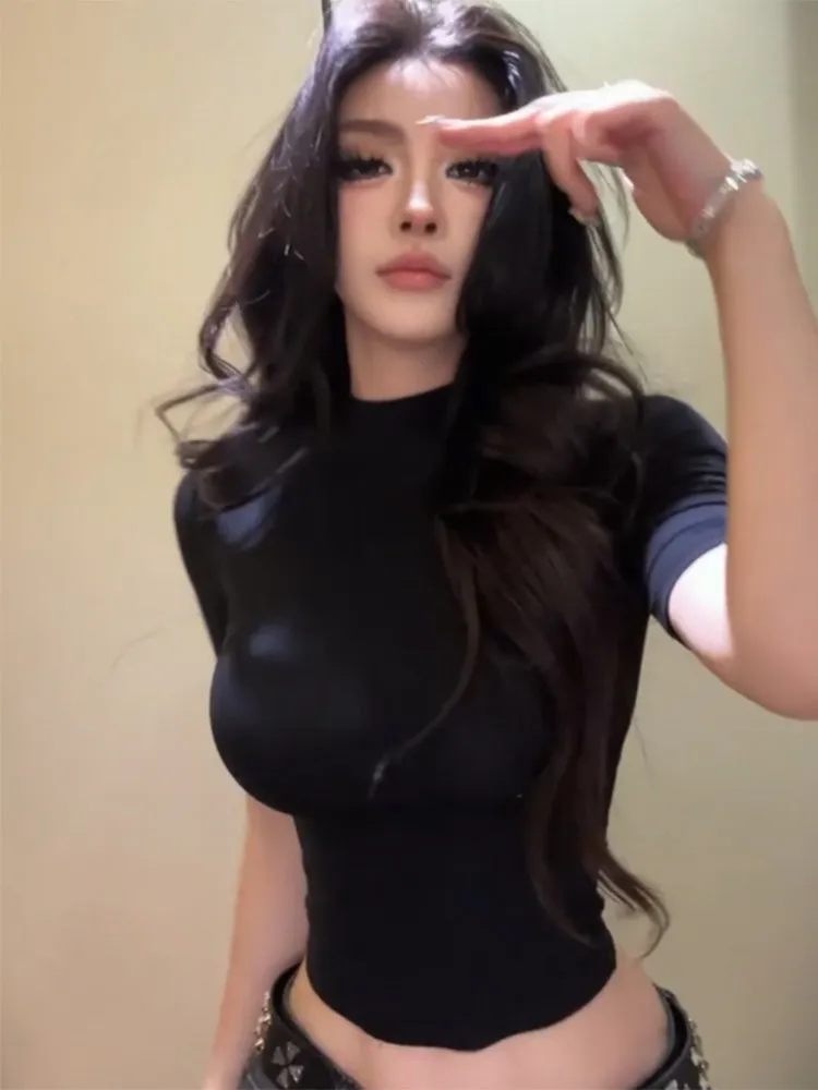 Black Sexy Half High Neck T-shirt Women's Tight Fitting Waist Cinching Short Half Sleeve Simple Office Casual Y2K Clothes