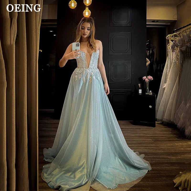 OEING Shiny Tulle Embroidery Prom Gowns Elegant Sheer Neck Strapless A-Line Floor Length Wedding Party Dresses Vestidos De Novia