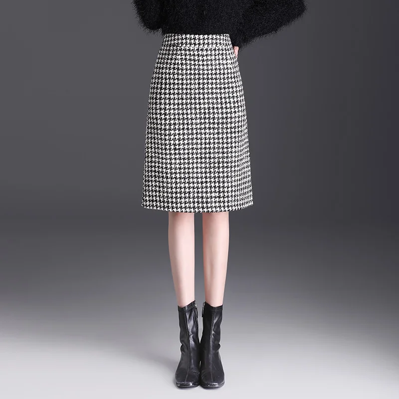 

Fall-Winter Fashion Highlight Houndstooth Woolen Skirt Blending Elegance and Warmth S-3XL Size knee-length Womens Skirt