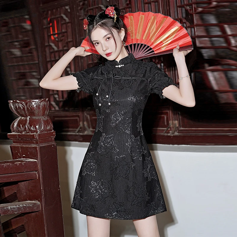 National Chinese Style Modern Improved Short Sleeve Lace Cheongsam Summer New Hepburn Qipao Dress for Women