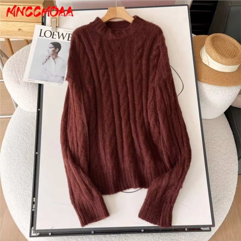 2024 Autumn Winter Woman Fashion Knit Sweater Female Round Neck Solid Color Casual Long Sleeve Pullover Tops