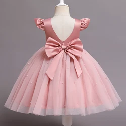 Summer Kids Dresses for Girls 1-5 Years Flower Birthday Party Tulle Dress Baby Girl Backless Bow Princess Wedding Ceremony Gown