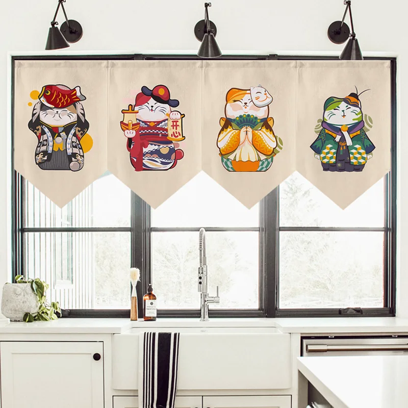 Japanese Lucky Cat Cartoon Kitchen Curtain Triangular Flag Curtain Short Curtain Half Curtain Decorative Curtain