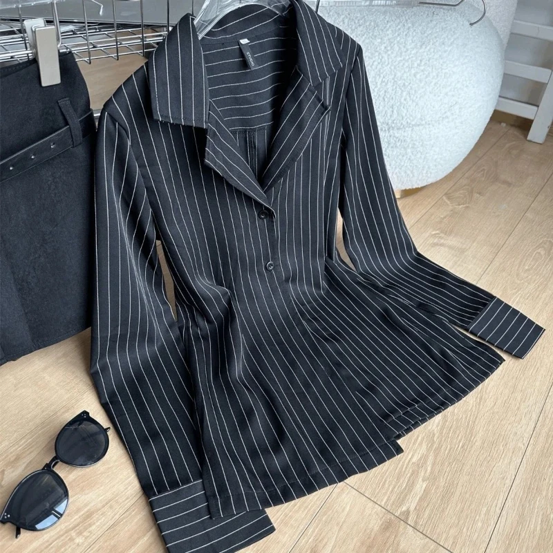 

Черная полосатая блузка с длинным рукавом, приталенная, универсальная, элегантная, на пуговицах, для офиса, весна-осень