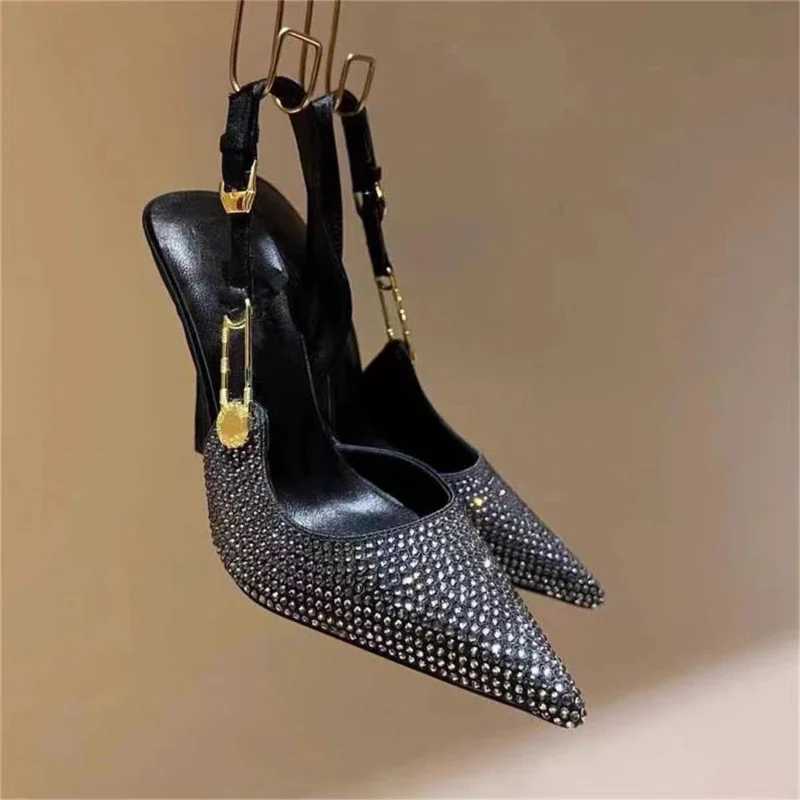 2024 New Pointed Toe Shallow Rhinestone Metal Slotted Buckle Strain Stiletto Ultra High Heel Sexy Plus Size Women's Sandals