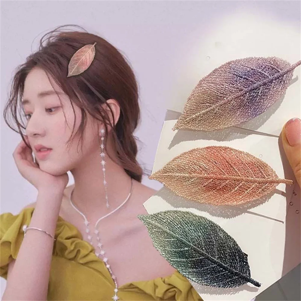 Elegant Embroidered Leaf Hair Clips Women Broken Hair Pins Gradient Color BB Clips Side Bangs Barrettes Hair Accessories