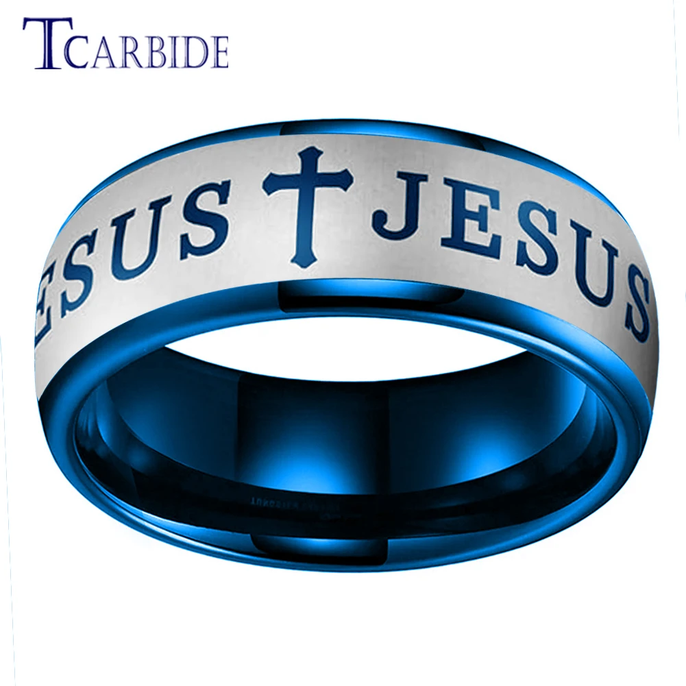 

TCarbide 6mm 8mm Tungsten Dome Band Men's Women's Bible Cross Jesus Prayer Ring Christian Jewelry High Quality Comfort Fit
