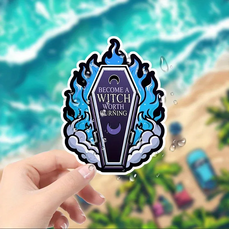 قطعة واحدة من ملصق نعش ولهب ساحرة لافتة للنظر - فينيل مقاوم للماء - دفاتر ملاحظات لنوافذ السيارة وأجهزة الكمبيوتر المحمولة ديكور قوطي منفعل