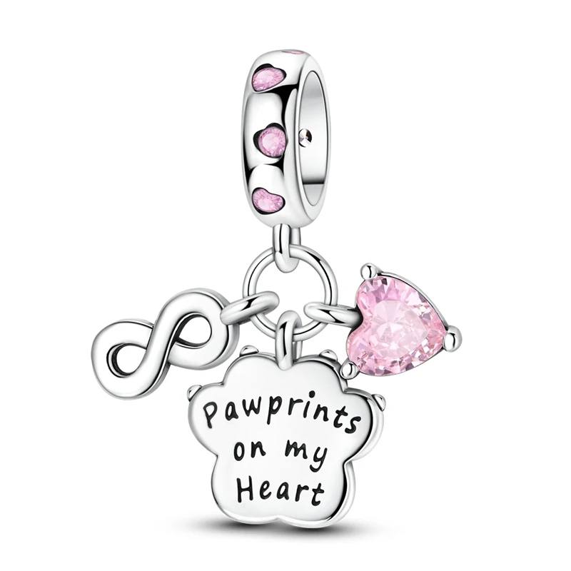 925 Sterling Silver Pawprints on My Heart Triple Dangle Charm Infinity Symbol Heart Paw Print pendant Fit Bracelet Jewelry Gift