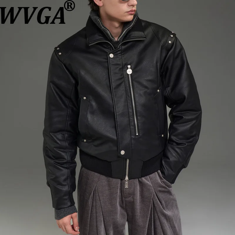 

WVGA, осенне-зимние новые мужские кожаные куртки с заклепками и воротником-стойкой, нишевые шикарные повседневные модные короткие пальто на молнии W14978