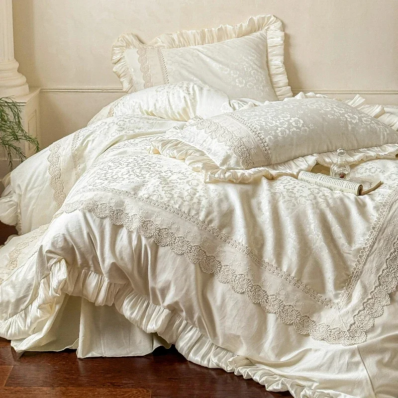 Romantic All Cotton Jacquard Long Staple Cotton 4-piece Set with Lace Edges Pure Cotton Bed Sheets High-end Bedding for Bedrooms
