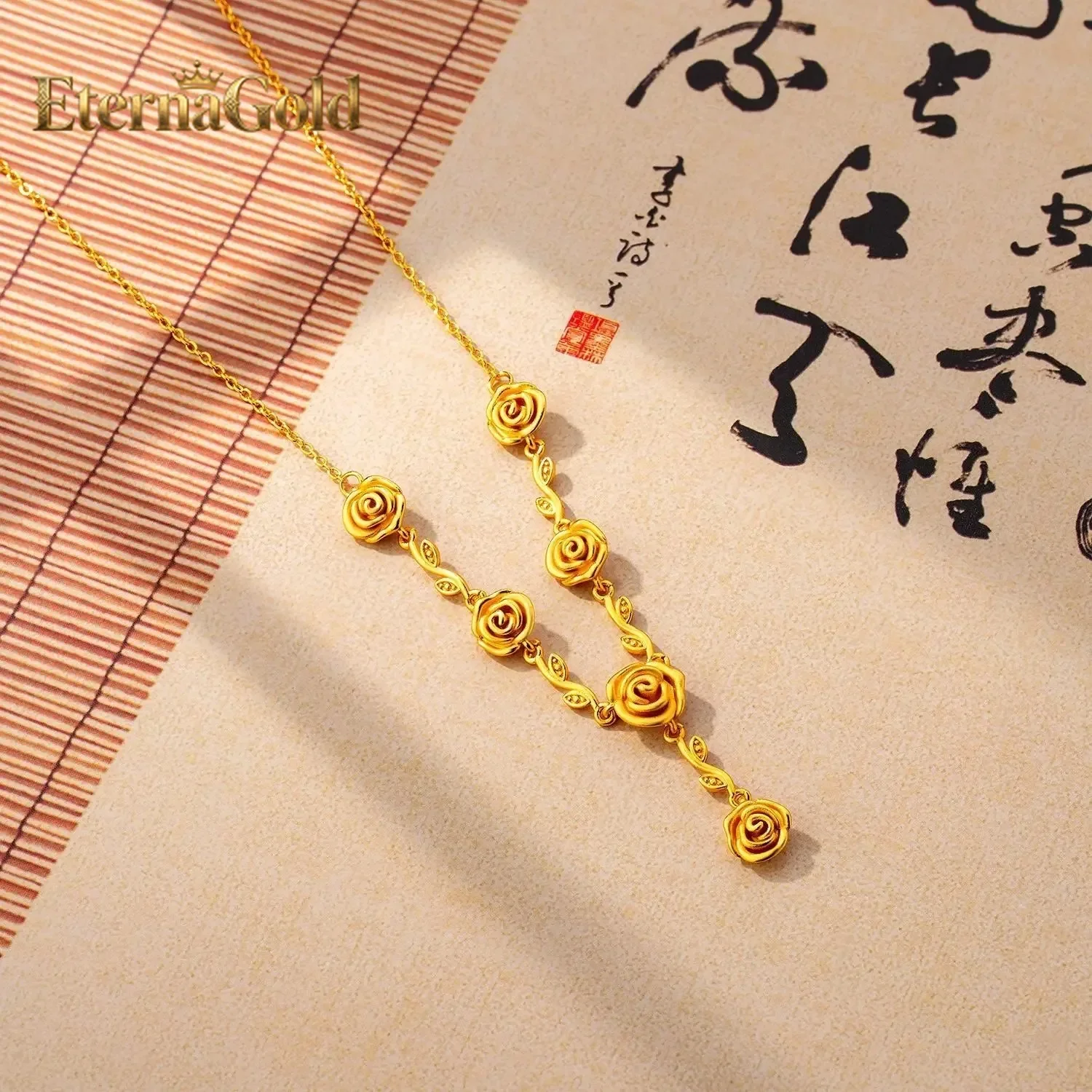 

EternaGold 24K real gold Rose twig pendant necklace 999 pure gold fashion antique flower design temperament everything clavicle