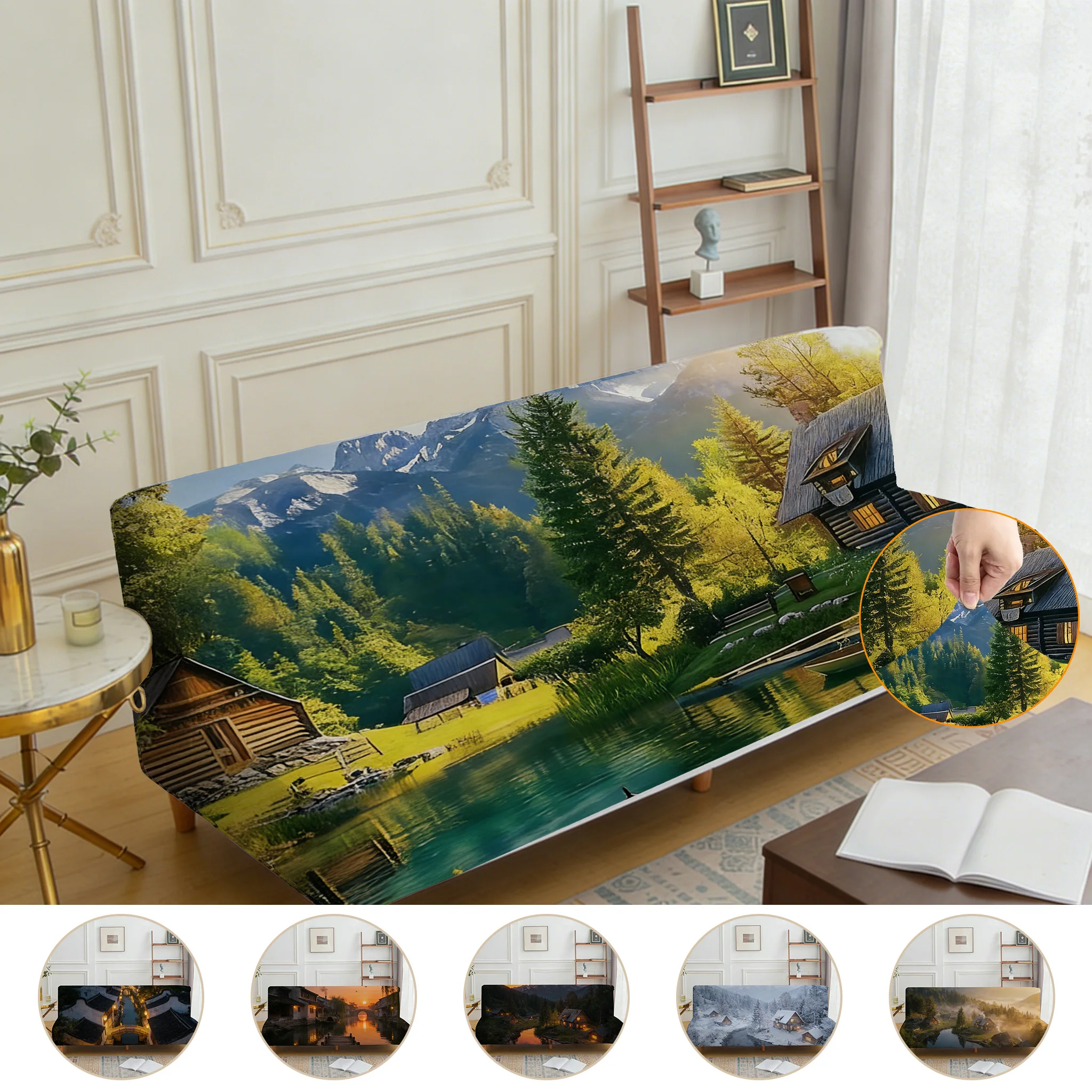 Armrest-free high-elastic sofa bed cover, healing pastoral landscape pattern, dust-proof machine-washable sofa bed cover