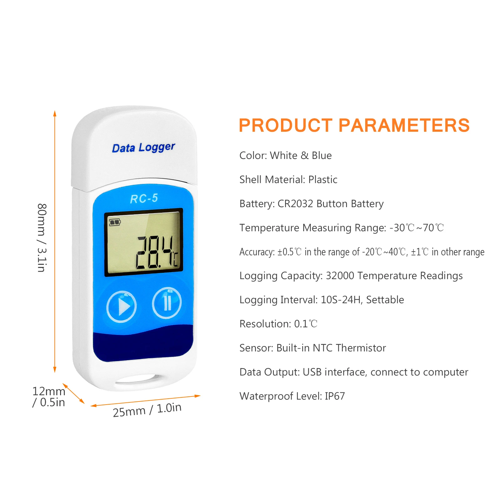 Registratore dati di temperatura ad alta precisione con display LCD USB 32000 punti Registratore dati industriale impermeabile IP67