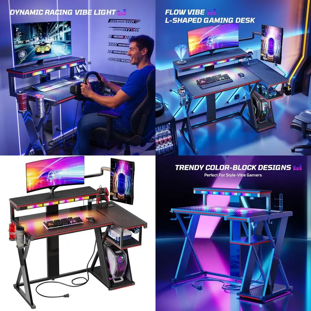 Escritorio compacto para juegos con luces RGB de sincronización de música, soporte para monitor, almacenamiento para PS5 y soportes para tazas/auriculares para espacios pequeños (negro y Re