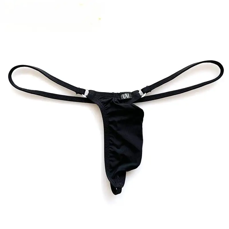 New Plain  Upwarped Thong Men\'s Thin Ice Silk Sexy Pure G-string Thin Belt Boys Double Ring T-Pants Translucent  Nylon  Material