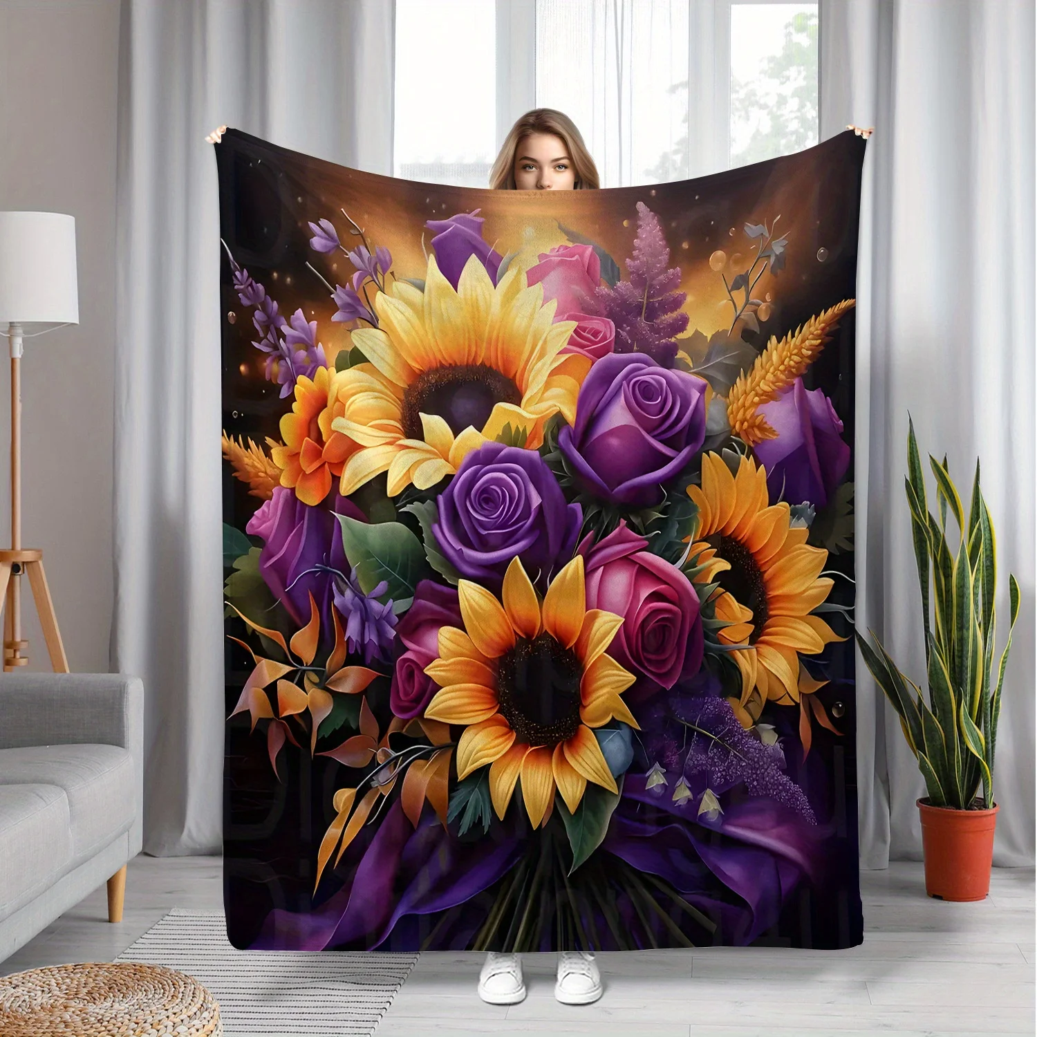 

1 шт. одеяло с цветочным рисунком подсолнуха и розы, полиэфирная ткань, можно стирать в машине, подходит для украшения спальни и гостиной.