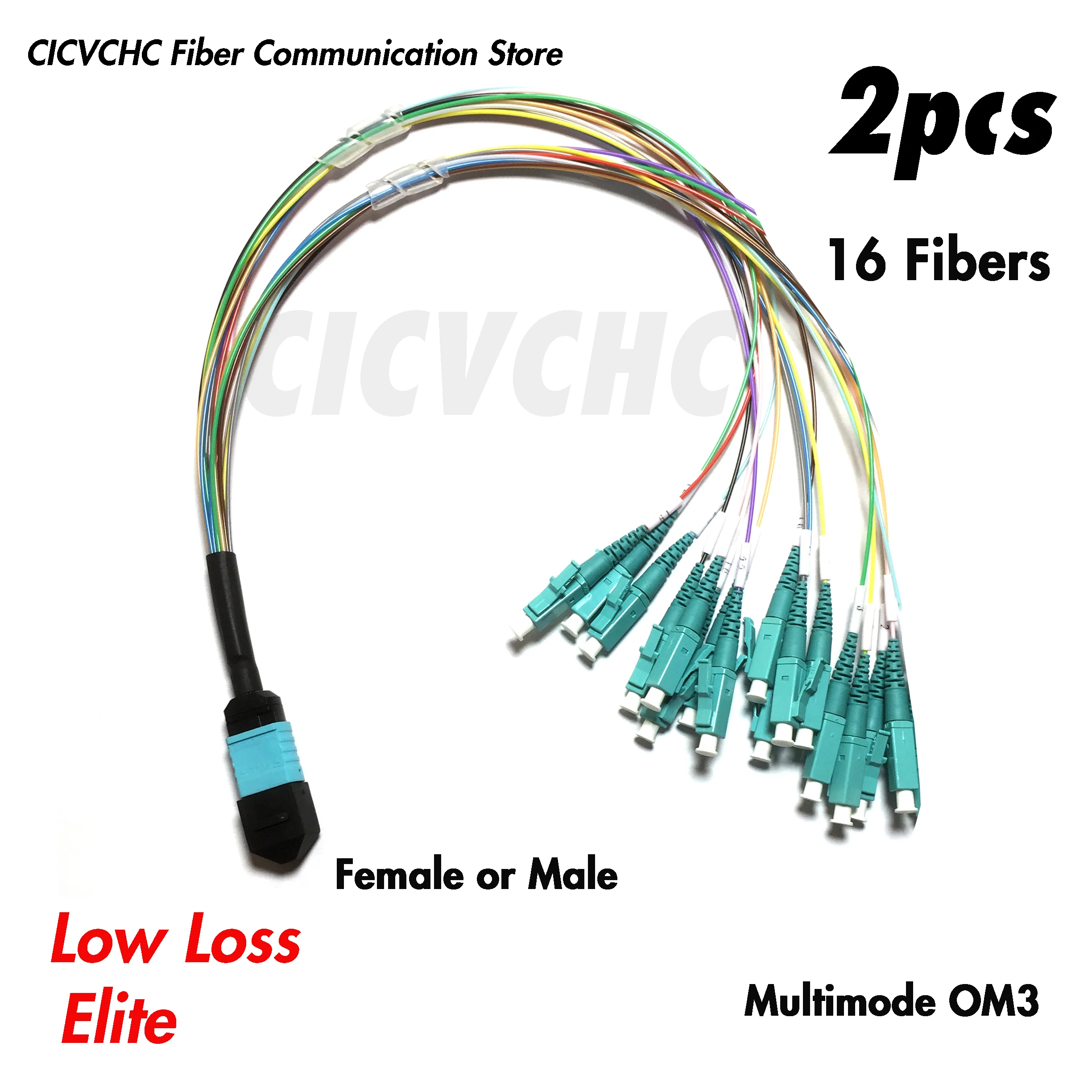 

2pcs 16 Fibers MPO/UPC - LC/UPC-Harness cable-MM OM3-0.35m 0.9mm colored tube-Elite/Low Loss-Male/Female