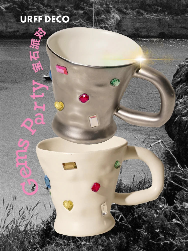 

URFF DECO Couple Mugs Par Water Coffee Millennial Diamond Girl Heart Cute Pink Cerc Cups Single Ear Handle for Living Room