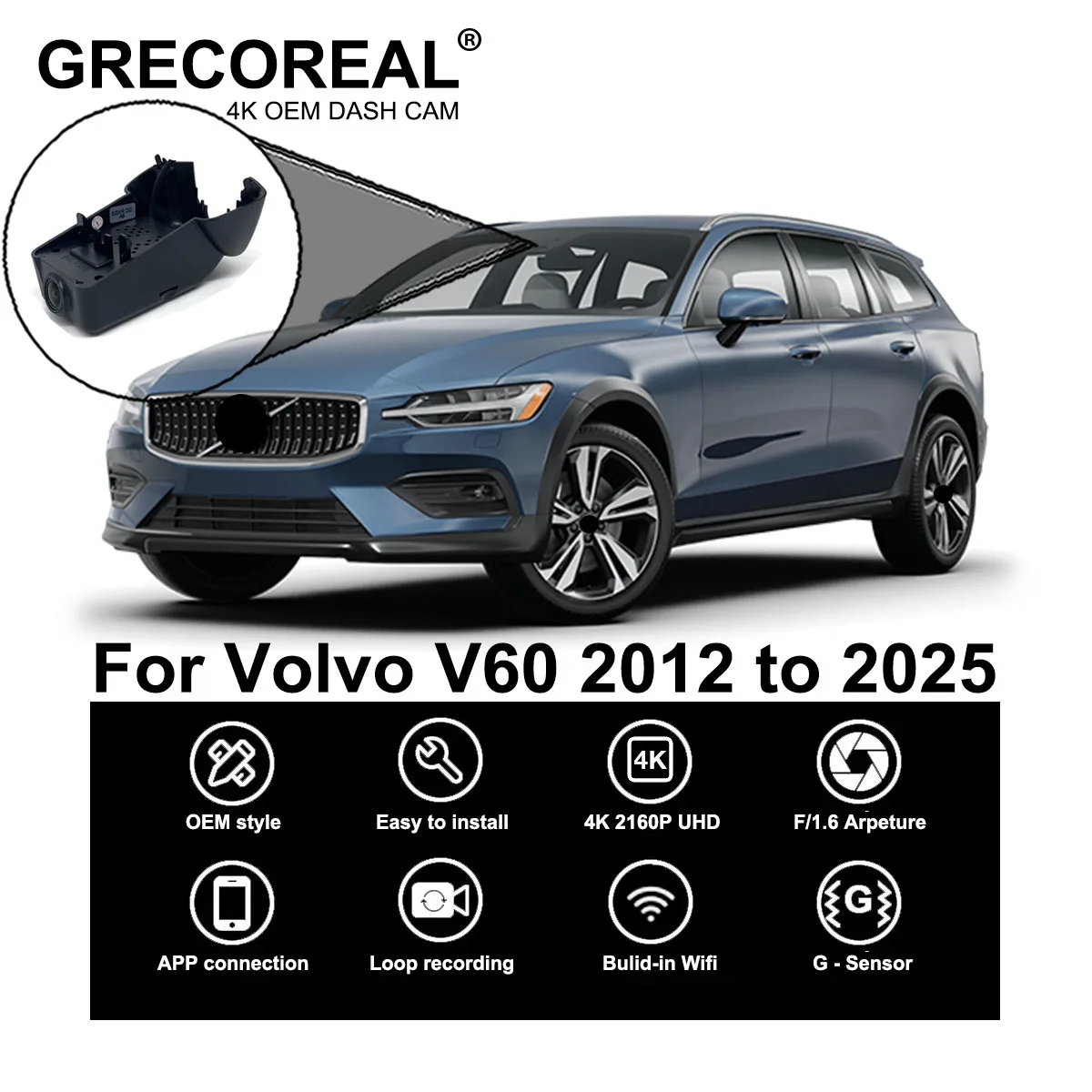 

GRECOREAL 4K Dash Cam Front and Rear 2160P WiFi Car Dual Dashcam APP Control Easy Install Plug Play Compatible with Volvo V60