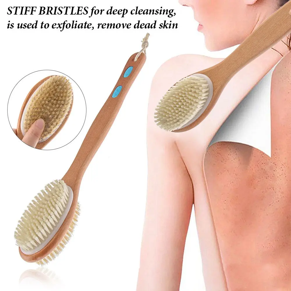 Massage with Long Wooden Handle Back Foot Scrubber Shower Brush Bristle Bath Brush Double Side Head Body Exfoliating Cleaner