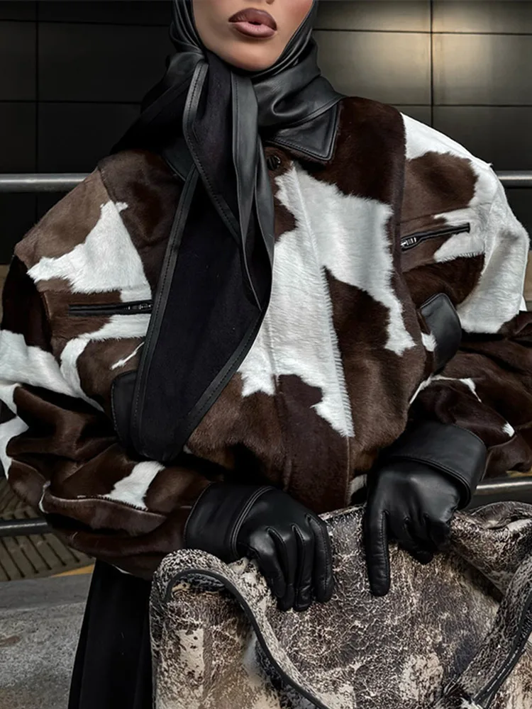 Vintage Patchwork Women's Jacket Laple Zipper Milk Pattern Pockets Full Sleeve Female Coats 2025 Autumn Fashion Lady Streetwears