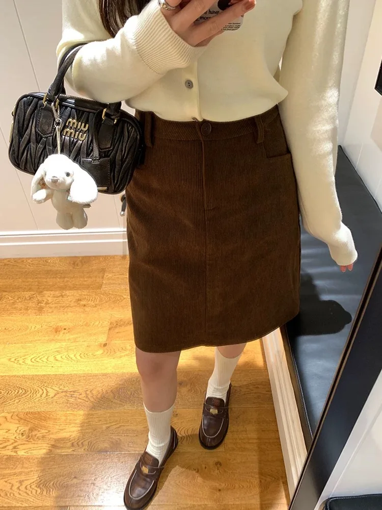 

Ретро-юбка А-силуэта из вельвета с высокой талией, женская, прямая, повседневная, стройнящая, осенне-зимняя, модная, больших размеров, на подкладке