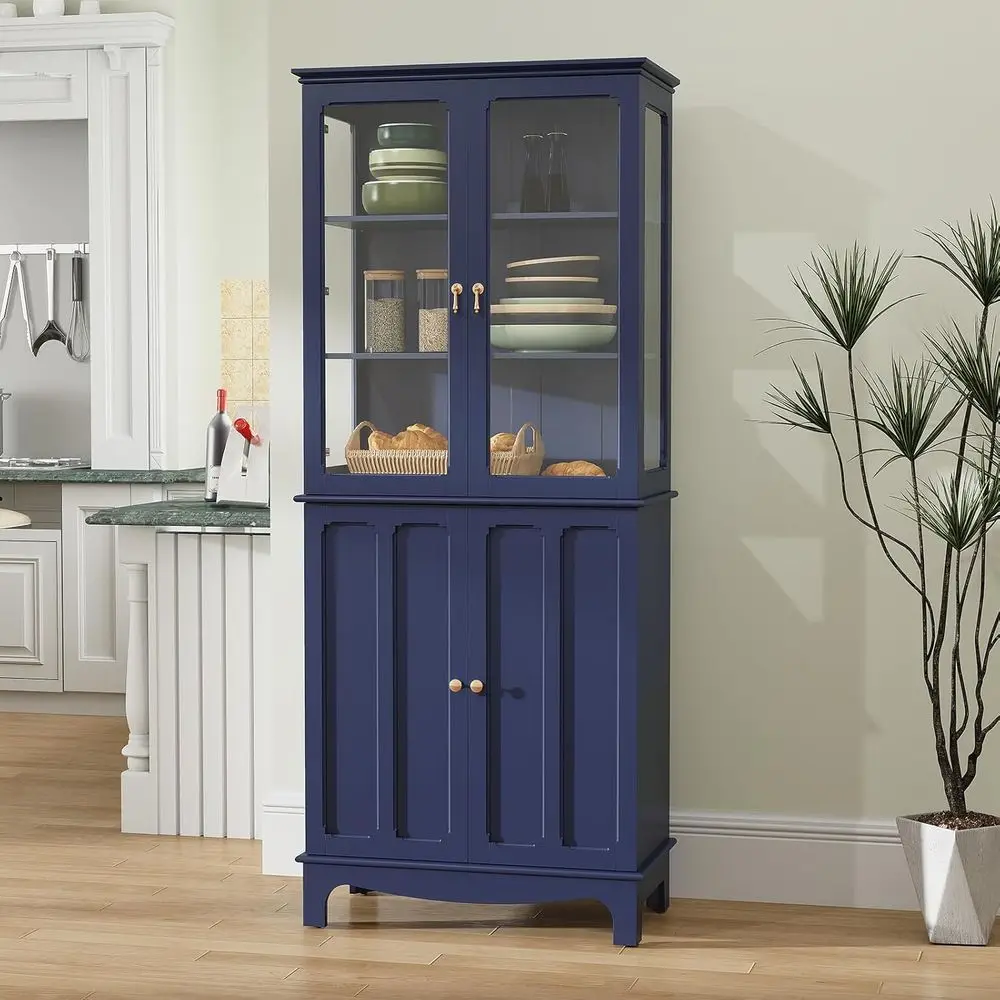 

Navy Blue 72 Tall Kitchen Pantry Cabinet with Glass Doors and Adjustable Shelves for Kitchen, Living, and Dining Rooms